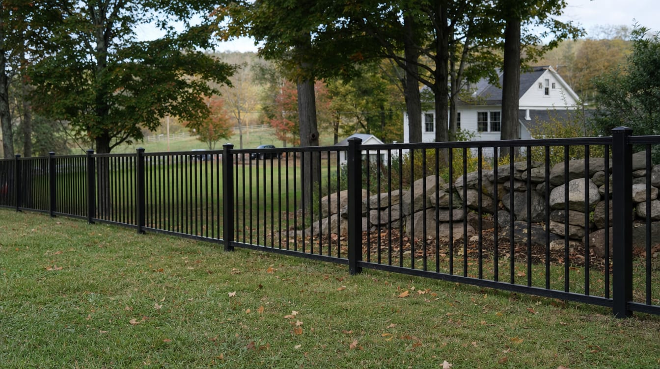 A black aluminum ornamental fence running along a front property line in North Salem, NY