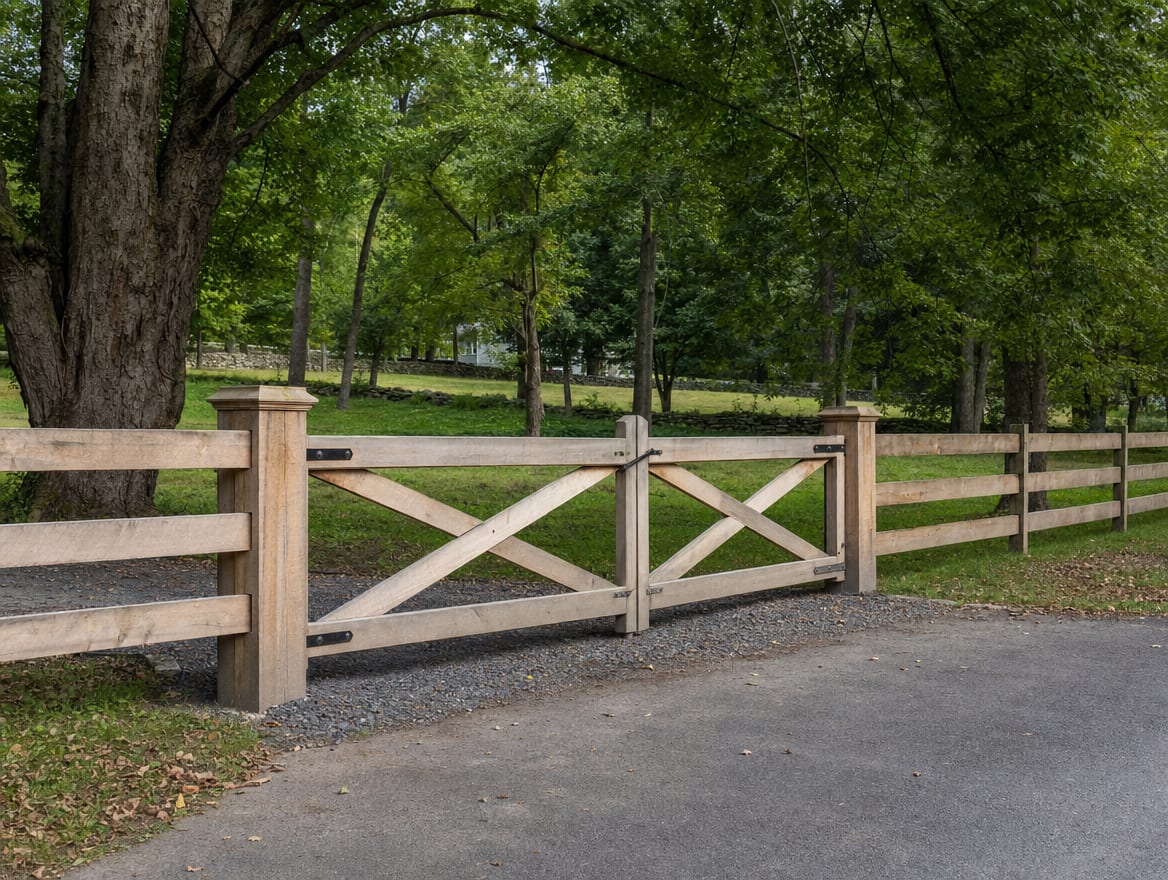 A wood driveway gate set into a fence at the entrance of a country property in North Salem, NY