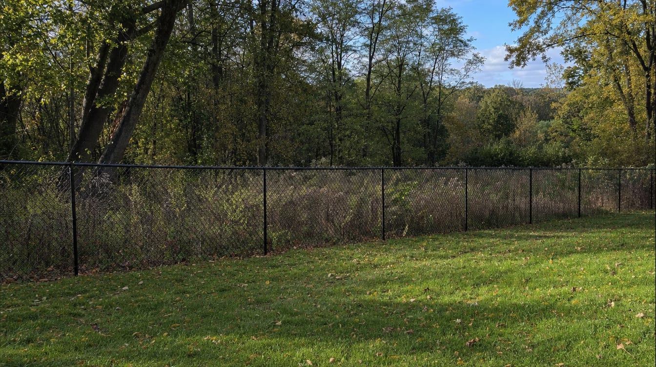 A chain link fence running along a rear property line of a backyard in North Salem, NY