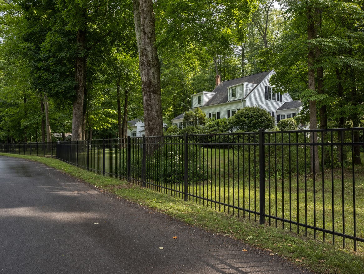 A black aluminum ornamental fence running along a front property line in Oxford, CT