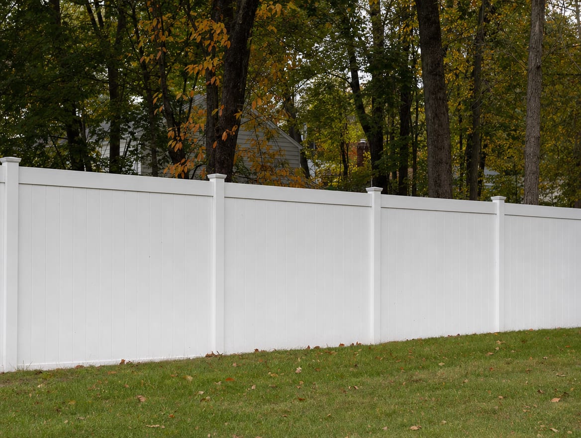 A full six foot tall white vinyl privacy fence running along a backyard property line in Oxford, CT