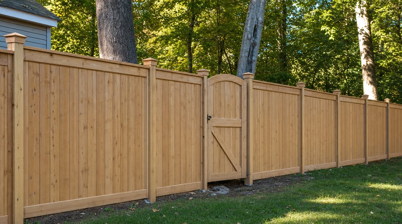 A full six foot tall wood privacy fence with a matching gate set into the run in Oxford, CT