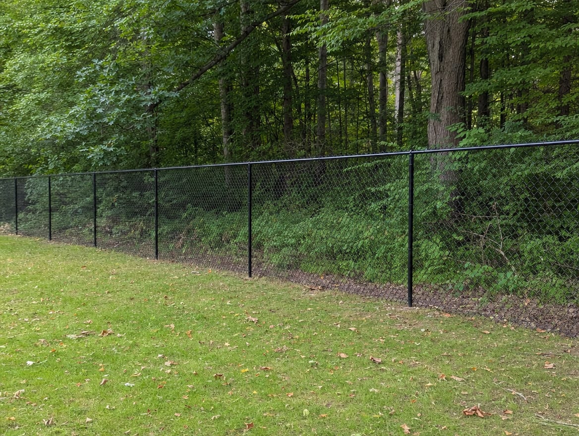 A black chain link fence running along a rear property line of a backyard in Oxford, CT