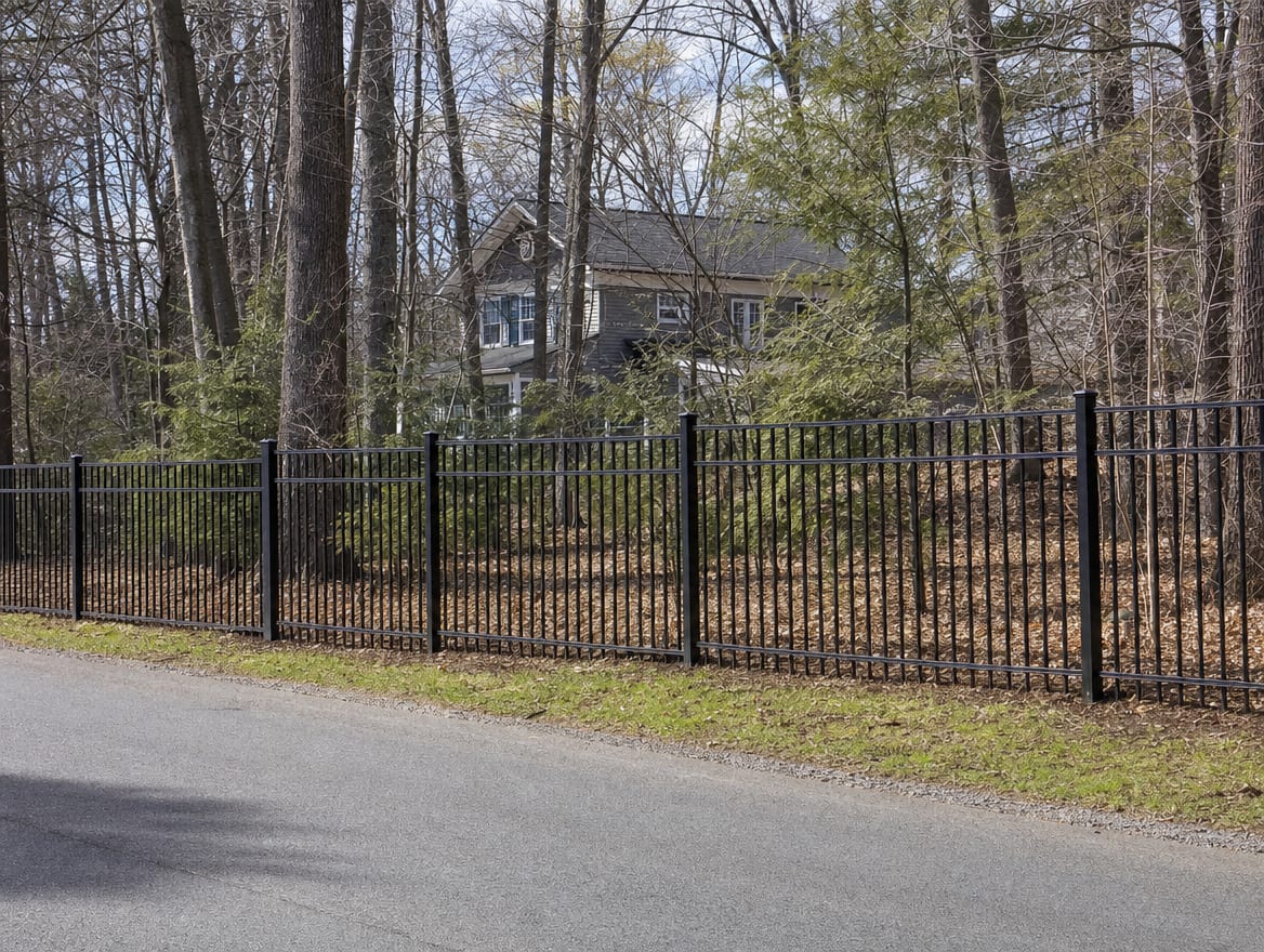 A black aluminum ornamental fence running along a front property line in Patterson, NY