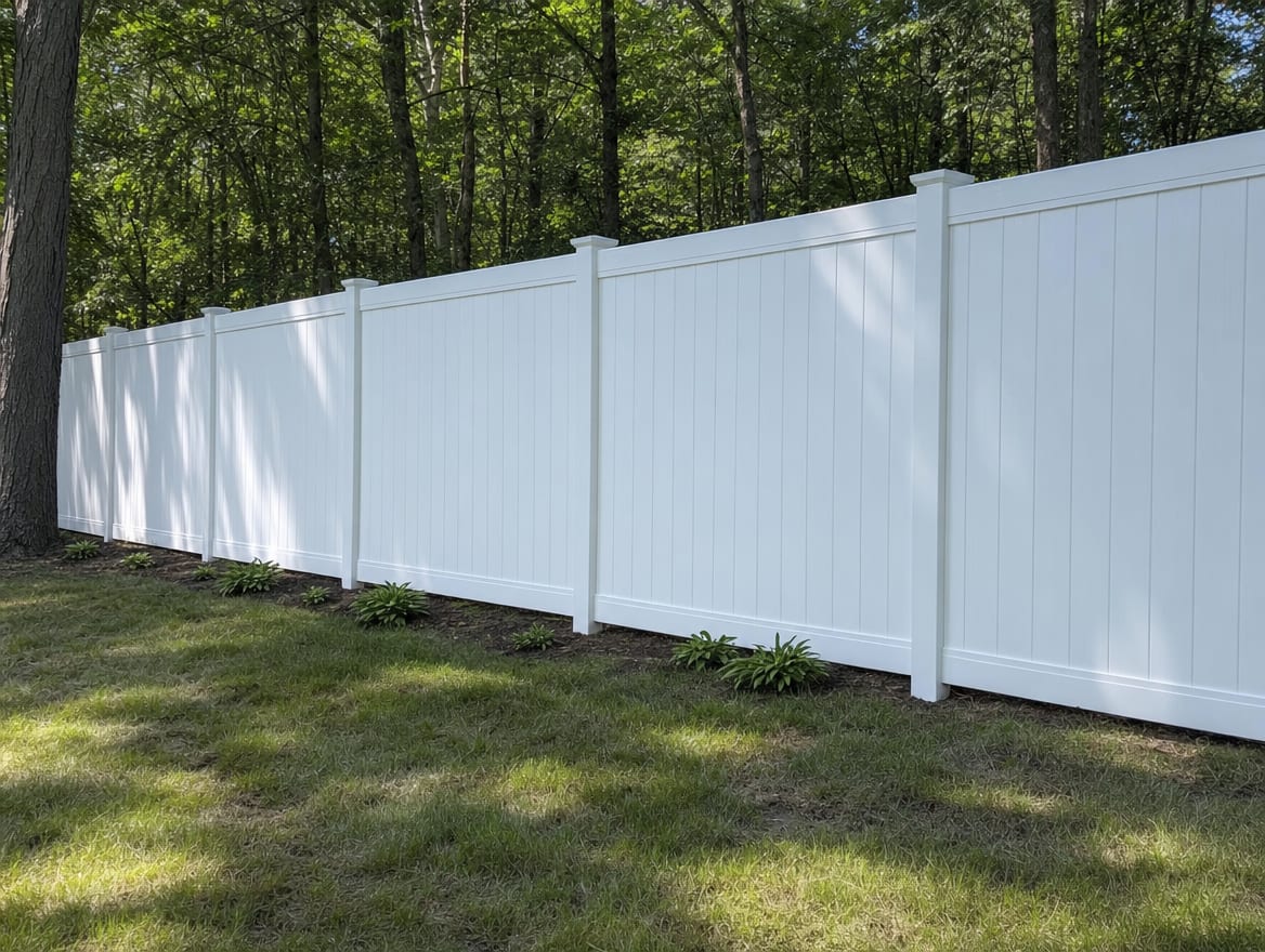 A full six foot tall white vinyl privacy fence running along a backyard property line in Patterson, NY