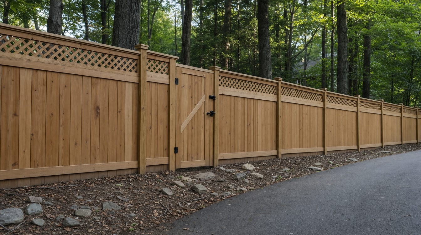 A full six foot tall wood privacy fence with a matching gate set into the run in Patterson, NY