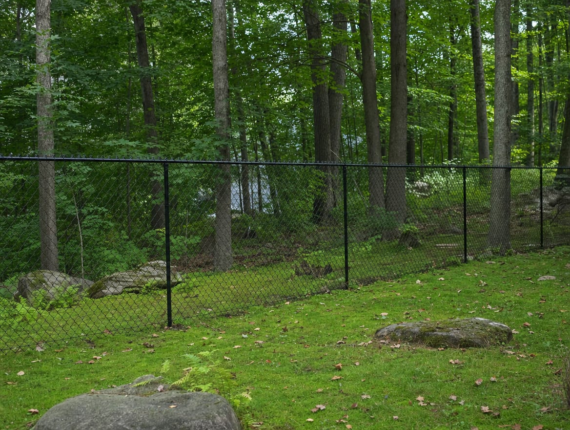 A black chain link fence running along a rear property line of a backyard in Patterson, NY