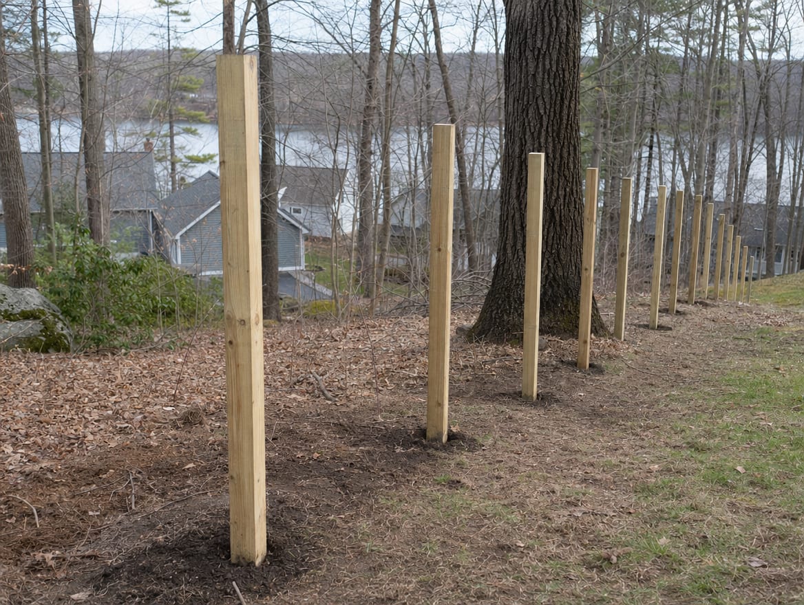 A residential fence installation in progress with newly set posts in Patterson, NY