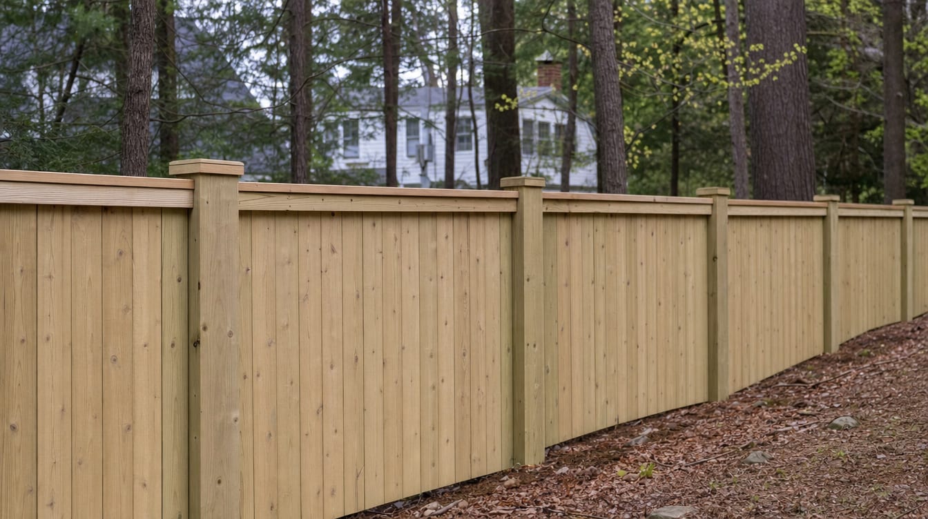 A close view of the top of a finished full six foot tall wood privacy fence with a clean flat post cap, the fence continuing along the property line out of frame in Patterson, NY