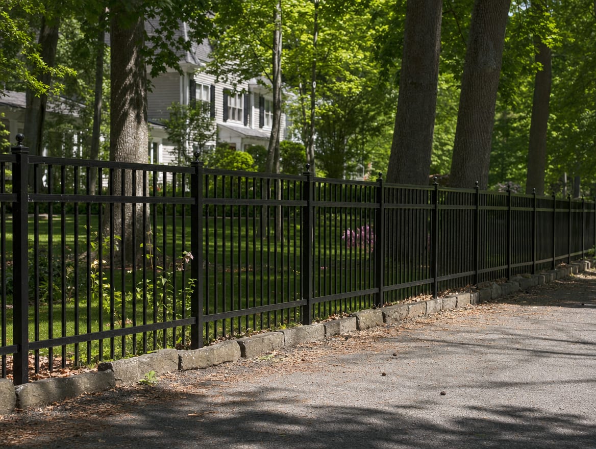A black aluminum ornamental fence running along a front property line in Pawling, NY