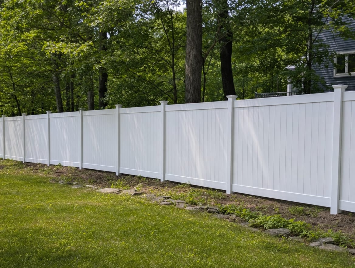 A full six foot tall white vinyl privacy fence running along a backyard property line in Pawling, NY