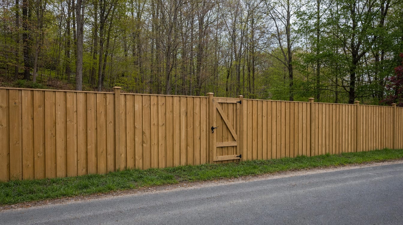 A full six foot tall wood privacy fence with a matching gate set into the run in Pawling, NY