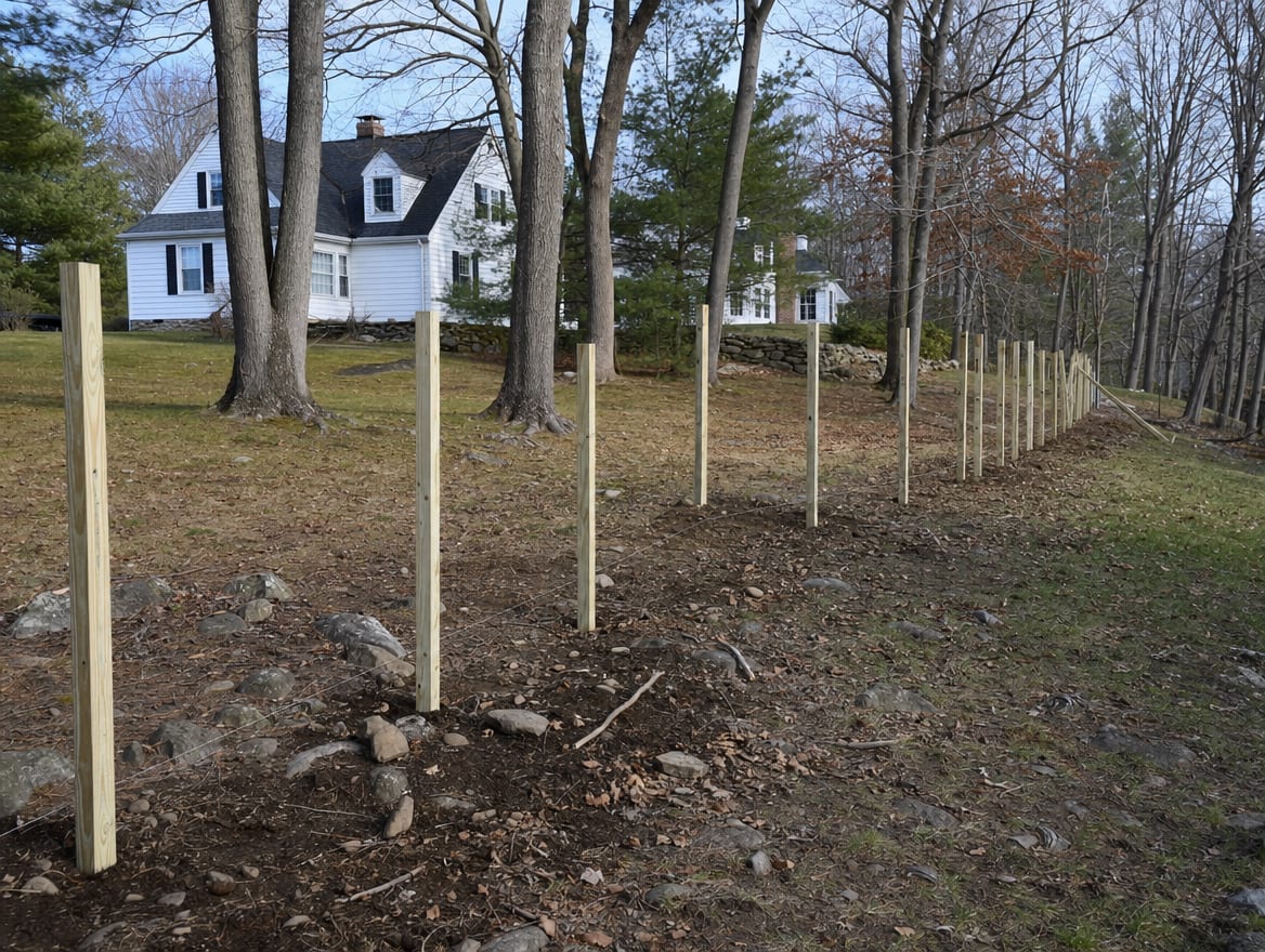 A residential fence installation in progress with newly set posts in Pawling, NY