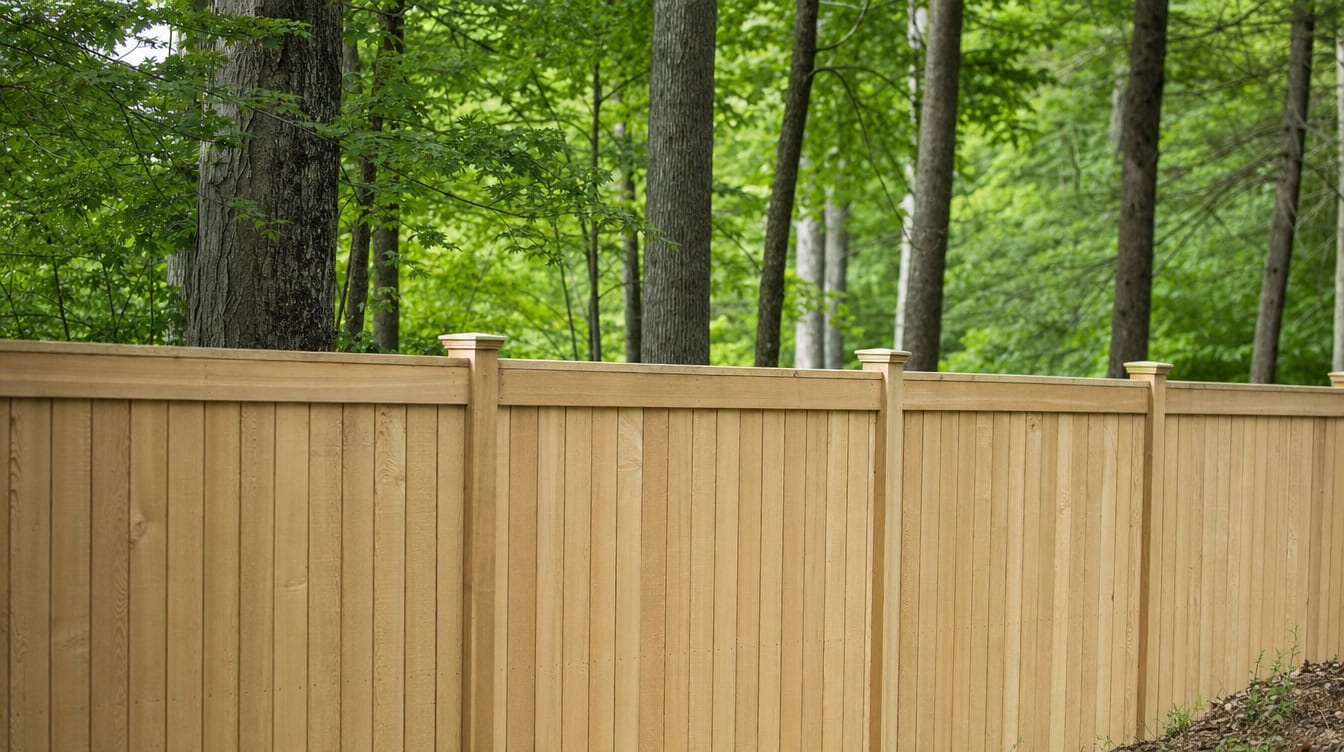 A close view of the top of a finished full six foot tall wood privacy fence with a clean flat post cap, the fence continuing along the property line out of frame in Pawling, NY