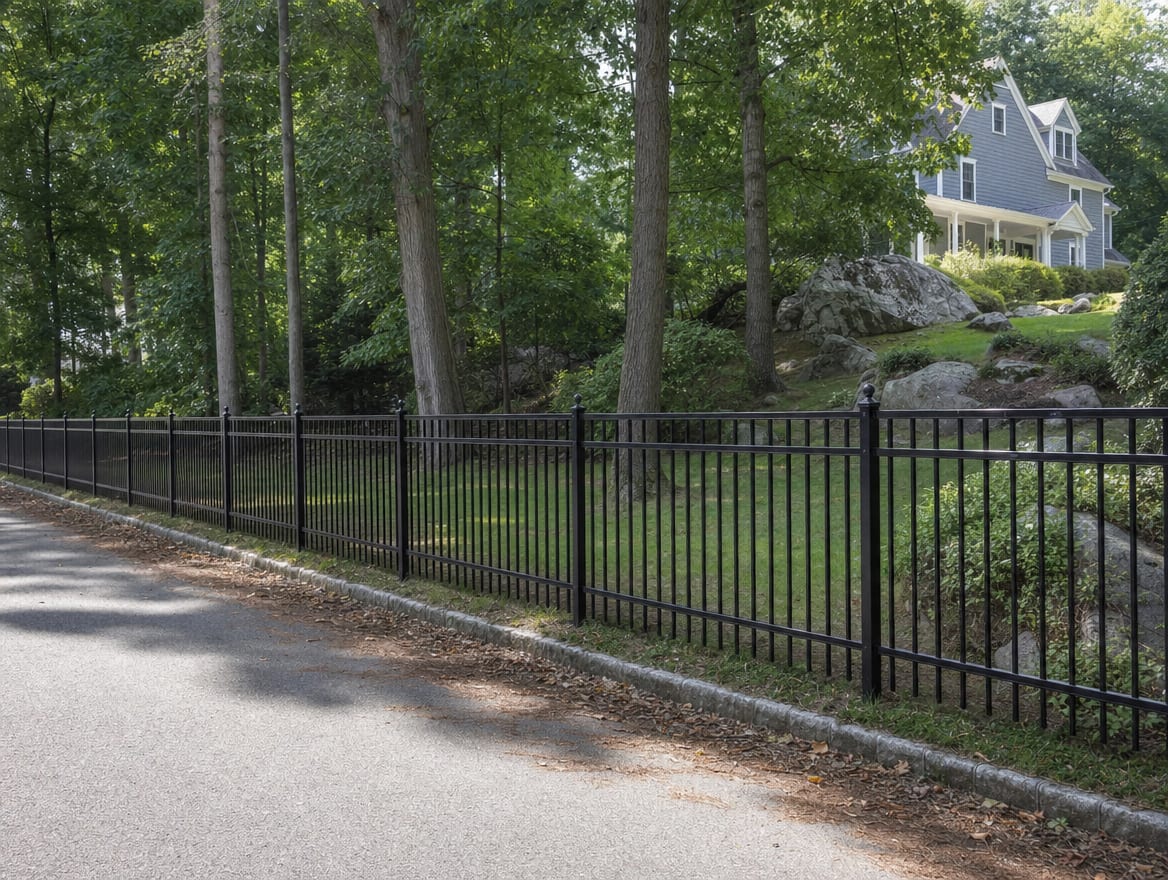 A black aluminum ornamental fence running along a front property line in Pound Ridge, NY