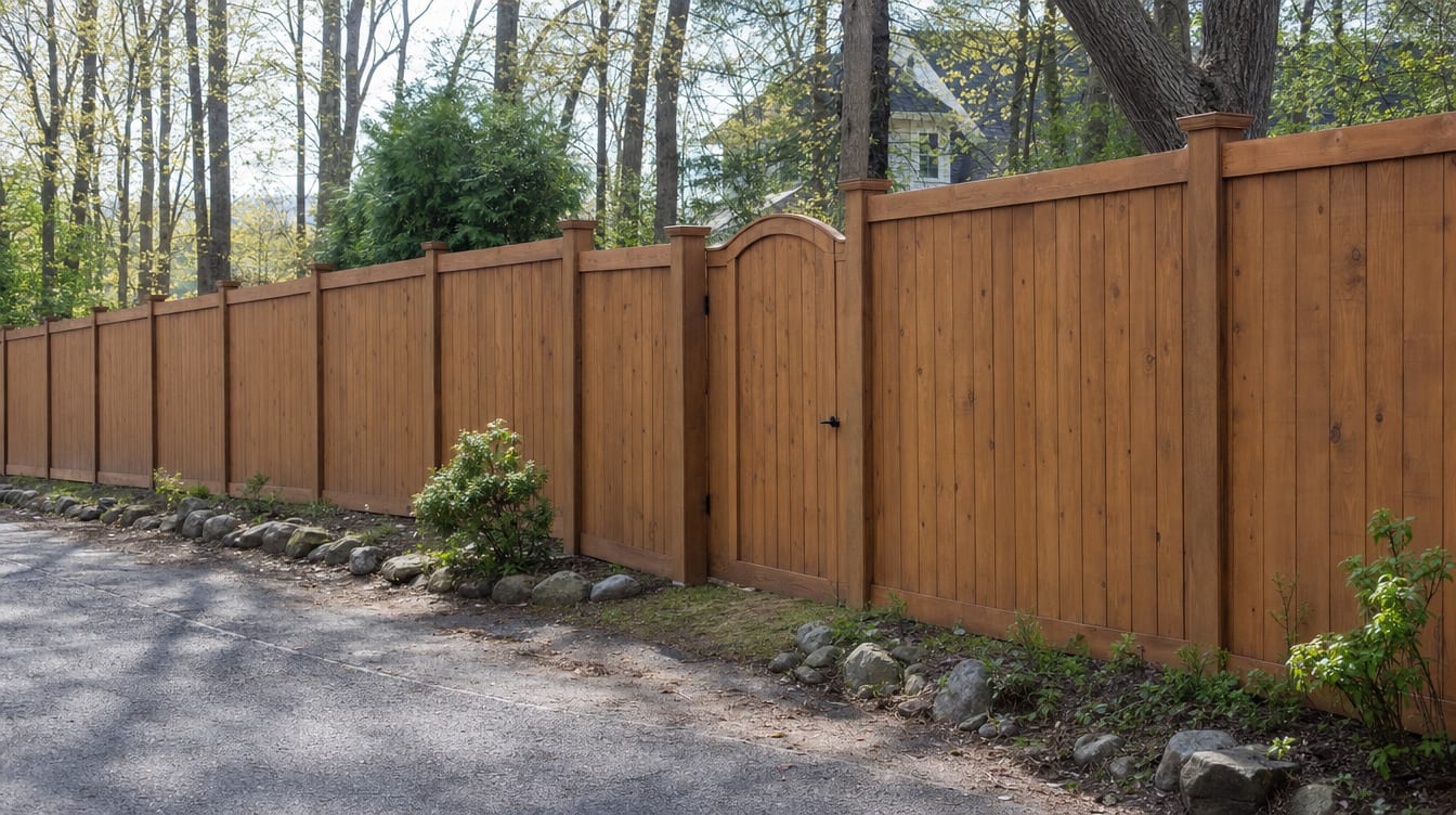 A full six foot tall wood privacy fence with a matching gate set into the run in Pound Ridge, NY