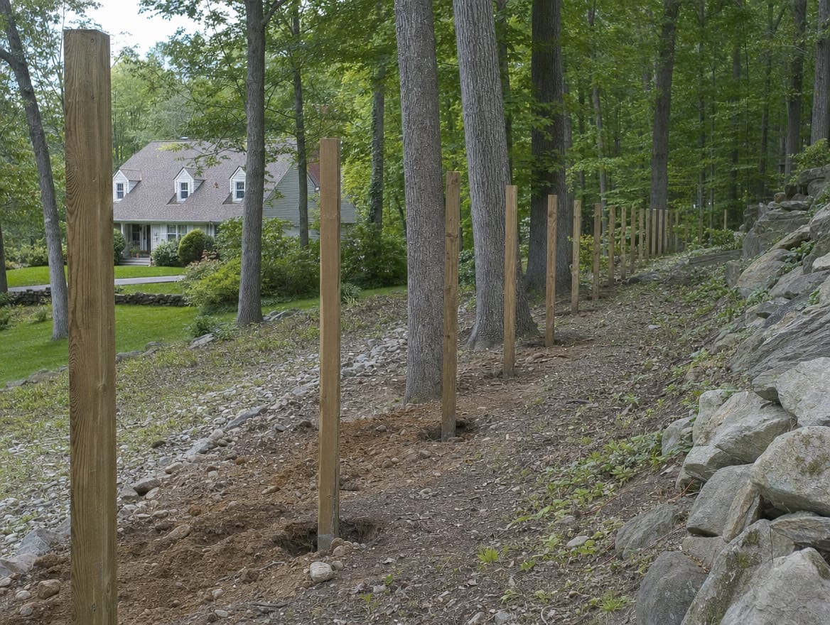 A residential fence installation in progress with newly set posts in Pound Ridge, NY