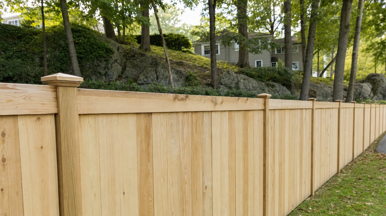 A close view of the top of a finished full six foot tall wood privacy fence with a clean flat post cap, the fence continuing along the property line out of frame in Pound Ridge, NY