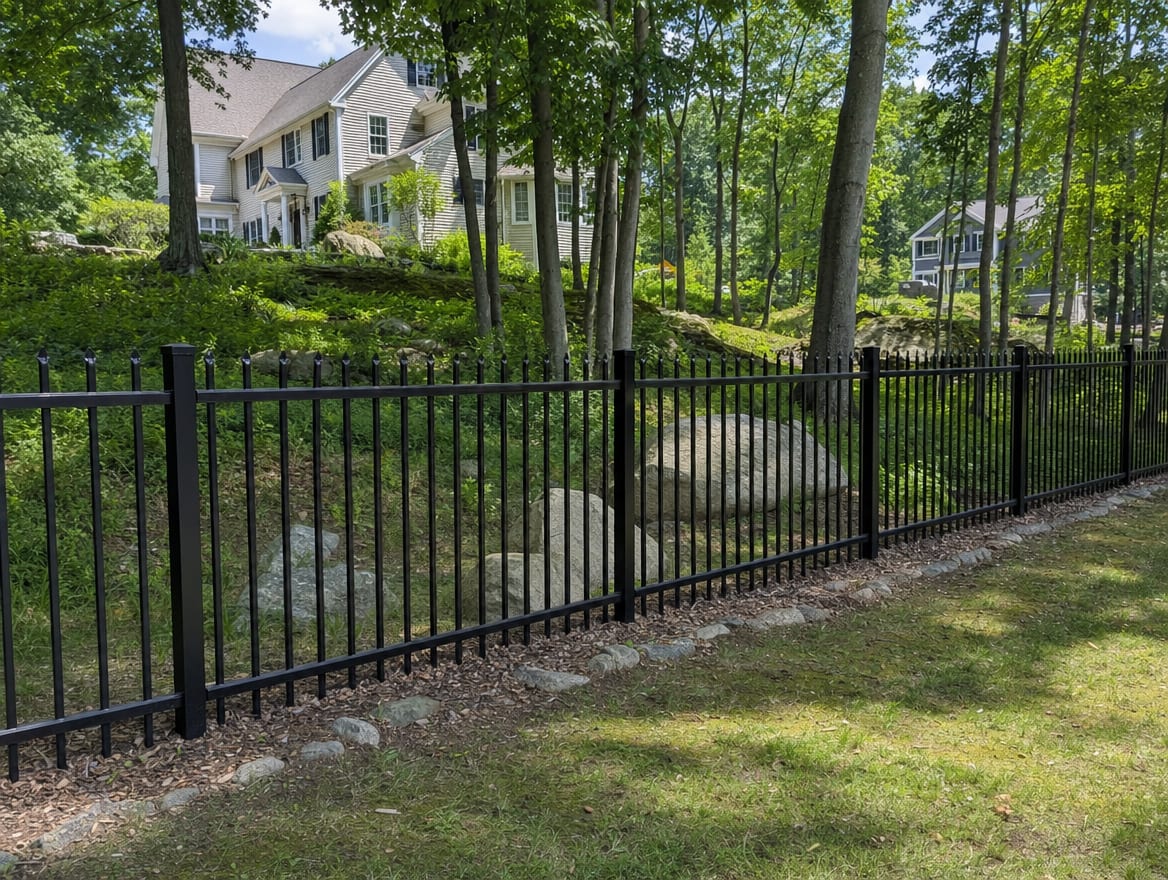 A black aluminum ornamental fence running along a front property line in Prospect, CT
