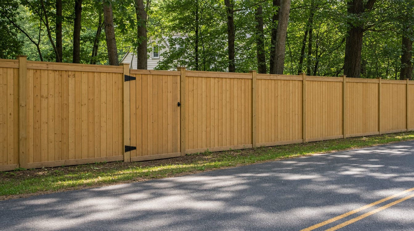 A full six foot tall wood privacy fence with a matching gate set into the run in Prospect, CT