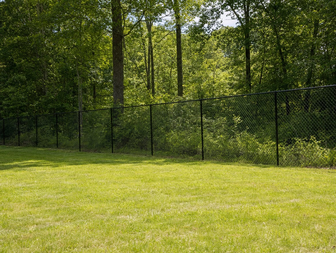 A black chain link fence running along a rear property line of a backyard in Prospect, CT