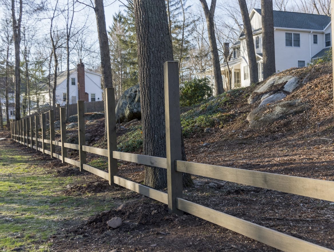A residential fence installation in progress with newly set posts in Prospect, CT