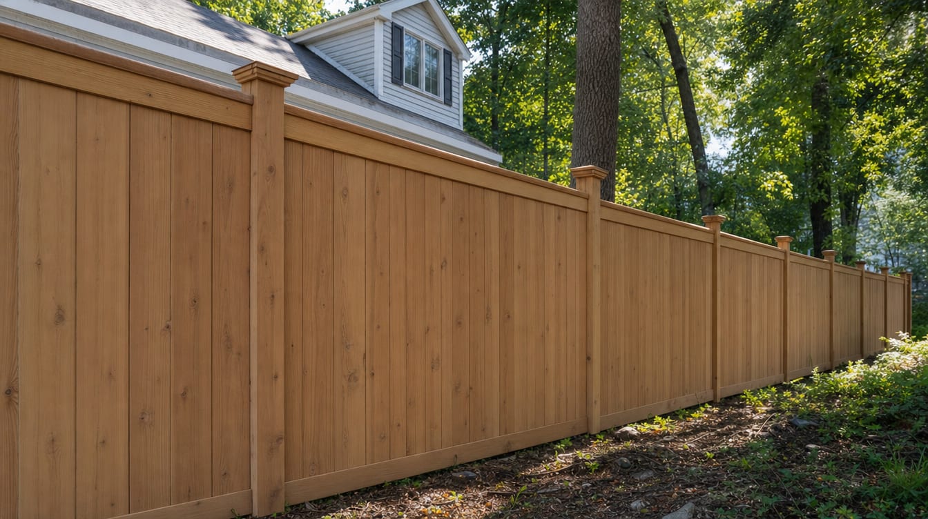 A close view of the top of a finished full six foot tall wood privacy fence with a clean flat post cap, the fence continuing along the property line out of frame in Prospect, CT