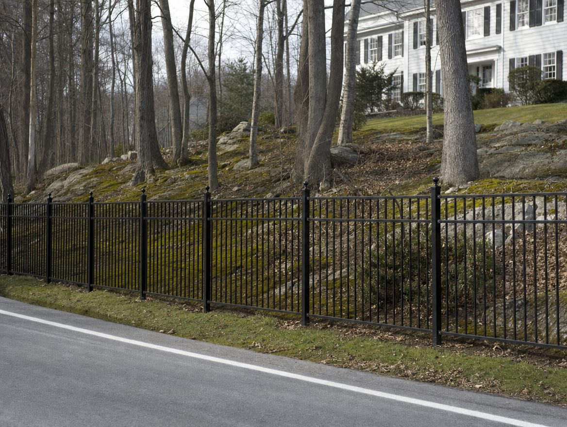 A black aluminum ornamental fence running along a front property line in Redding, CT