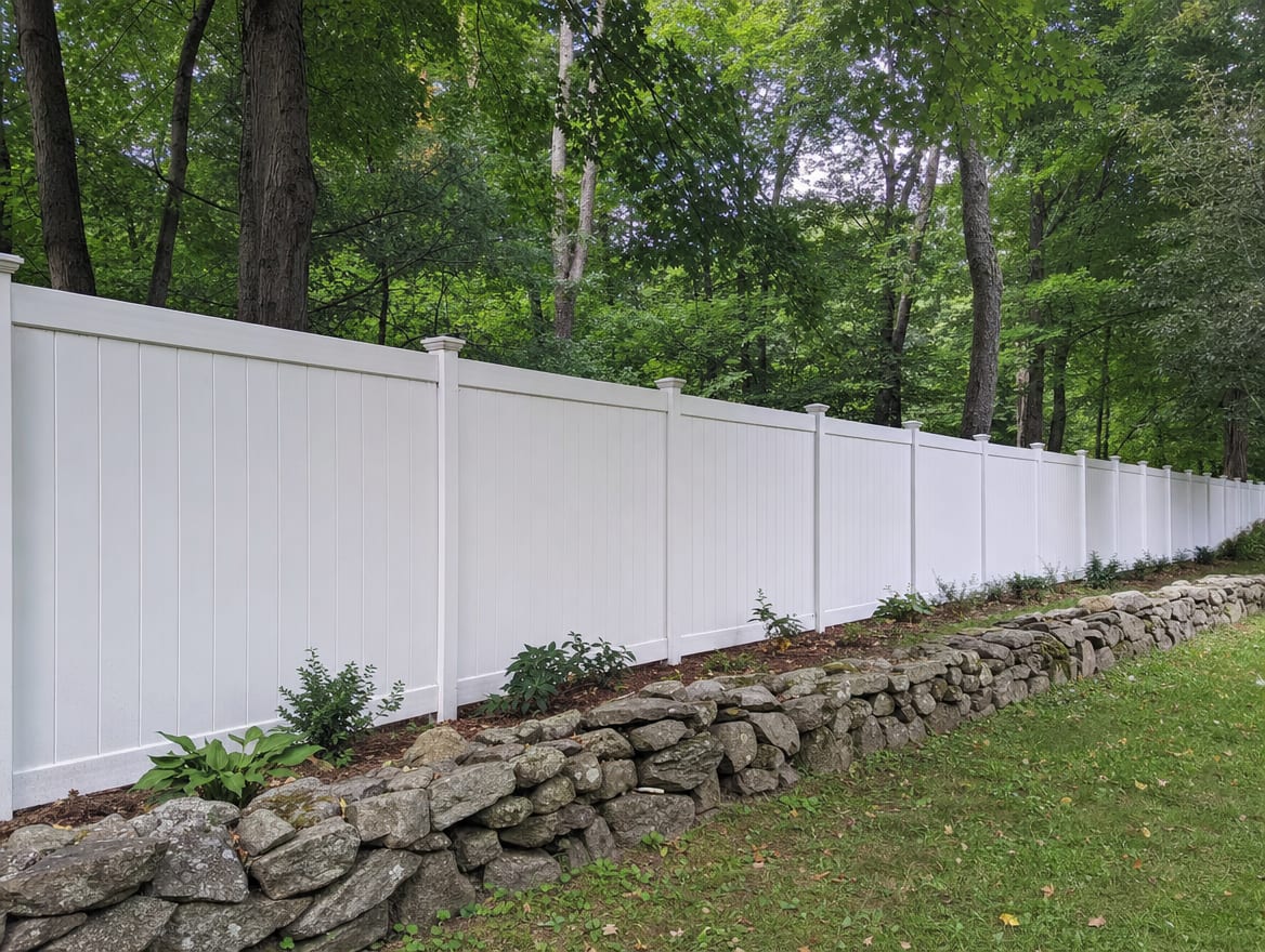 A full six foot tall white vinyl privacy fence running along a backyard property line in Redding, CT