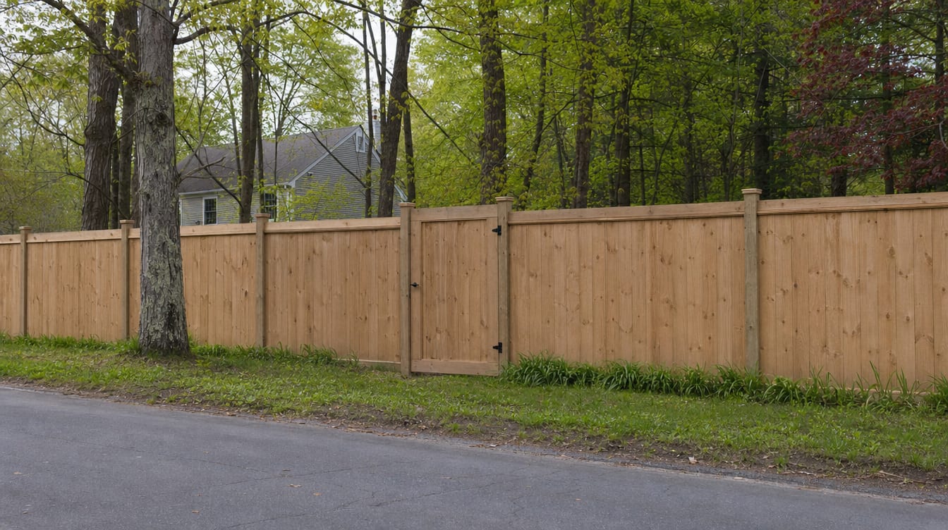 A full six foot tall wood privacy fence with a matching gate set into the run in Redding, CT