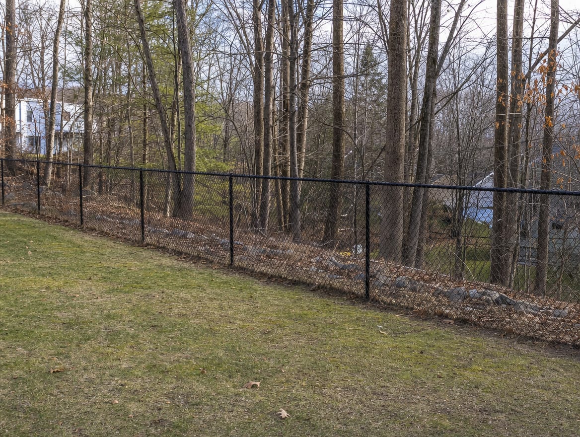 A black chain link fence running along a rear property line of a backyard in Redding, CT