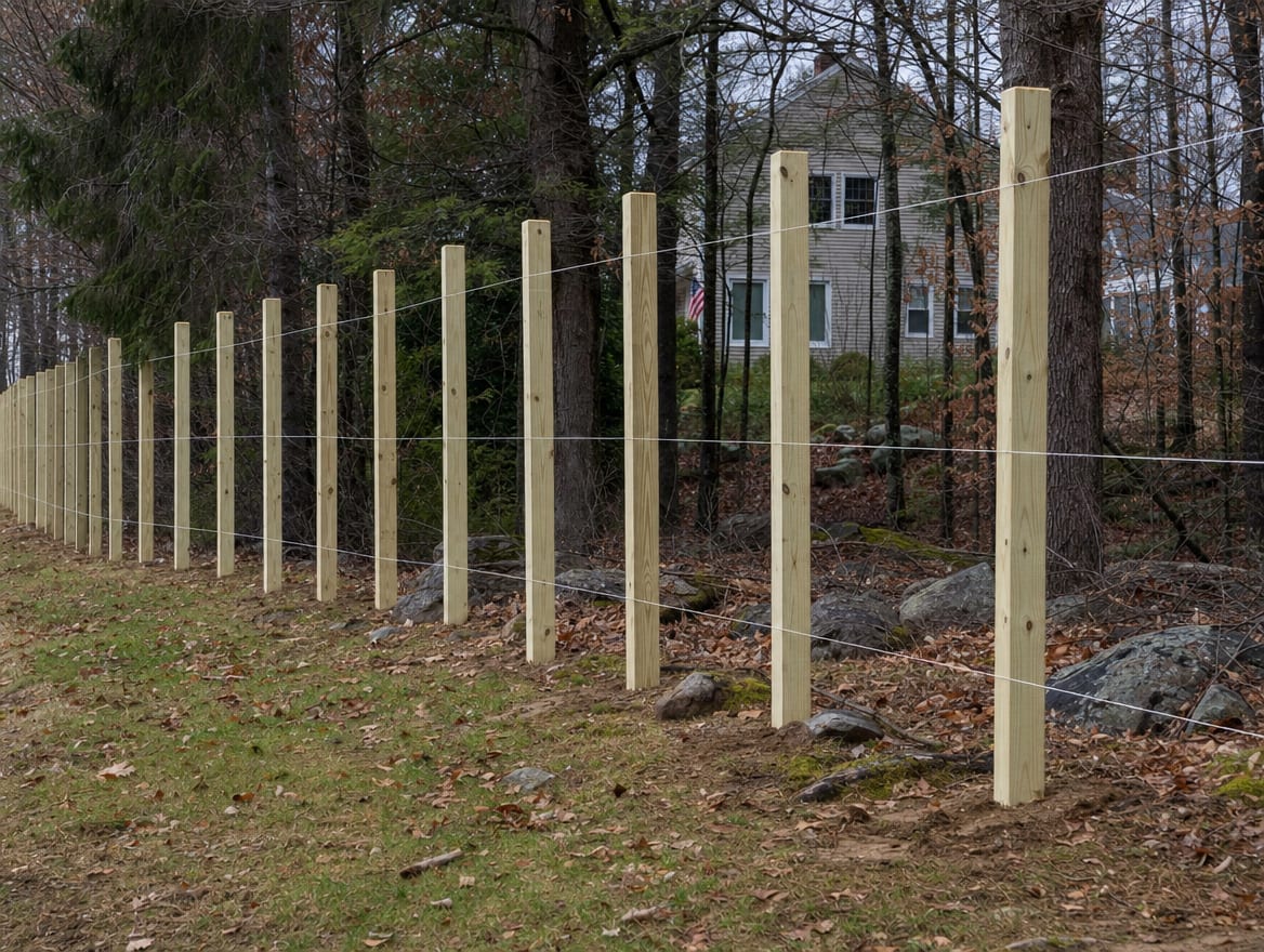 A residential fence installation in progress with newly set posts in Redding, CT