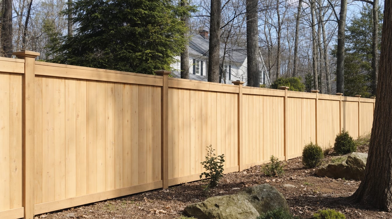 A close view of the top of a finished full six foot tall wood privacy fence with a clean flat post cap, the fence continuing along the property line out of frame in Redding, CT