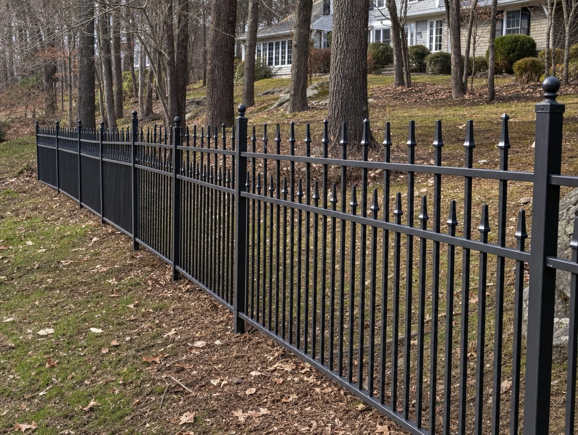A black aluminum ornamental fence running along a front property line in Ridgefield, CT