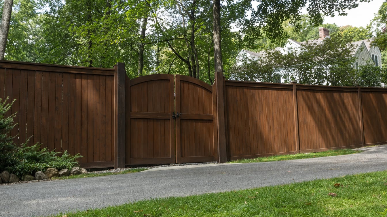 A full six foot tall wood privacy fence with a matching gate set into the run in Ridgefield, CT