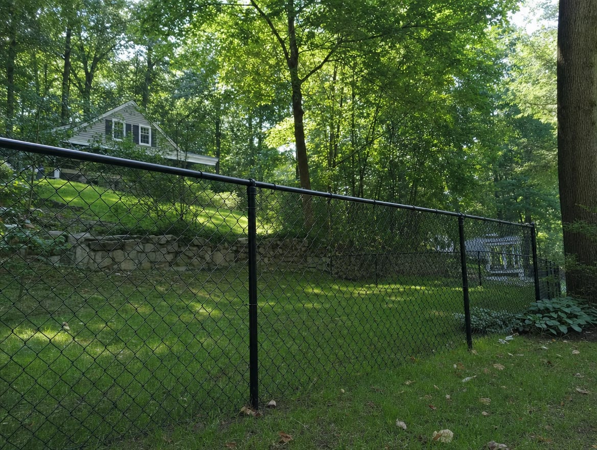 A black chain link fence running along a rear property line of a backyard in Ridgefield, CT