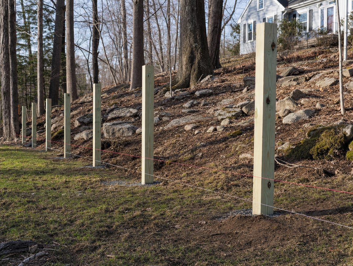 A residential fence installation in progress with newly set posts in Ridgefield, CT
