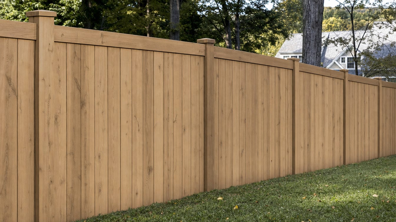 A close view of the top of a finished full six foot tall wood privacy fence with a clean flat post cap, the fence continuing along the property line out of frame in Ridgefield, CT