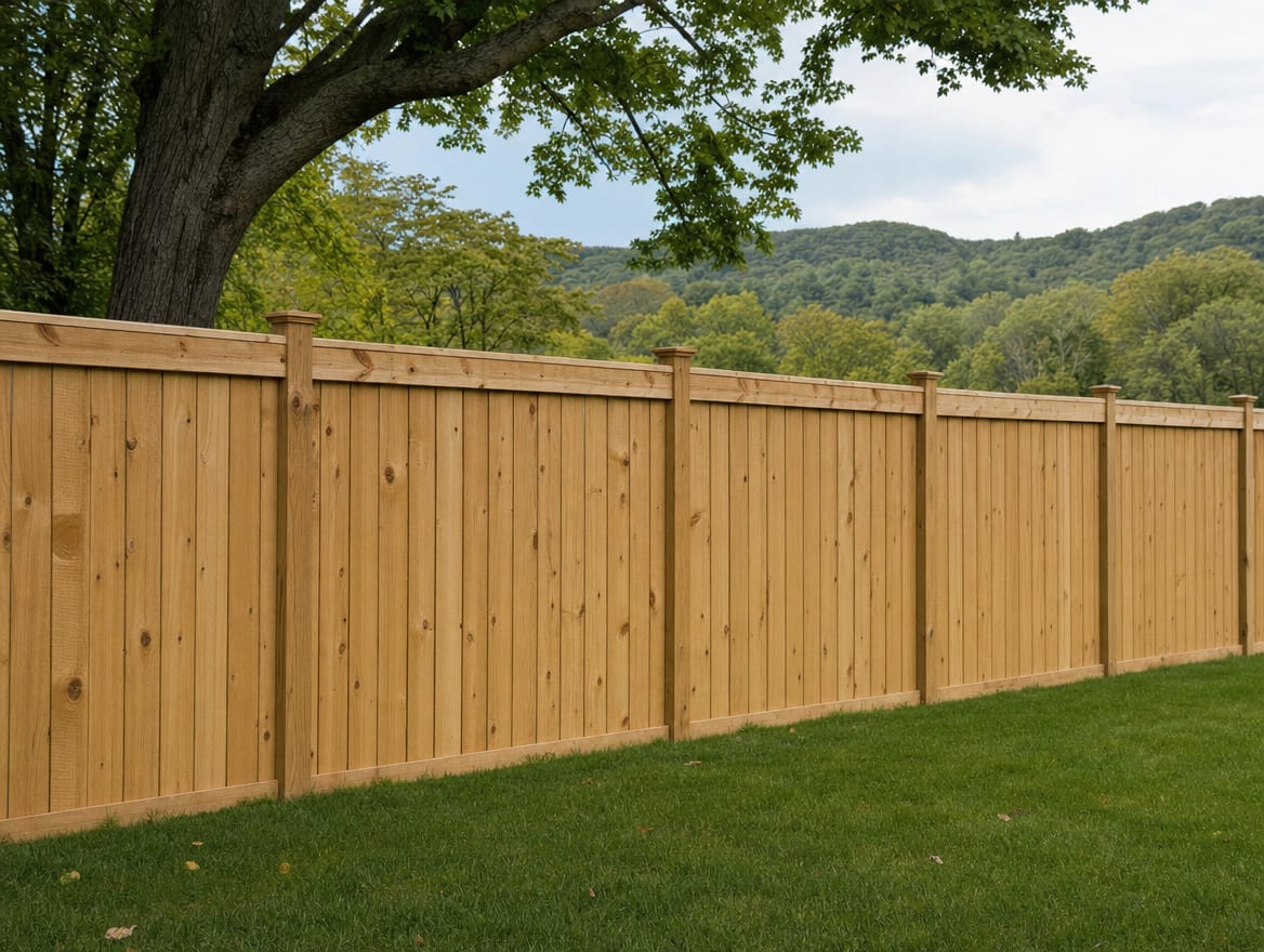 A full six foot tall wood privacy fence running along the back property line of a farmhouse yard in Roxbury, CT