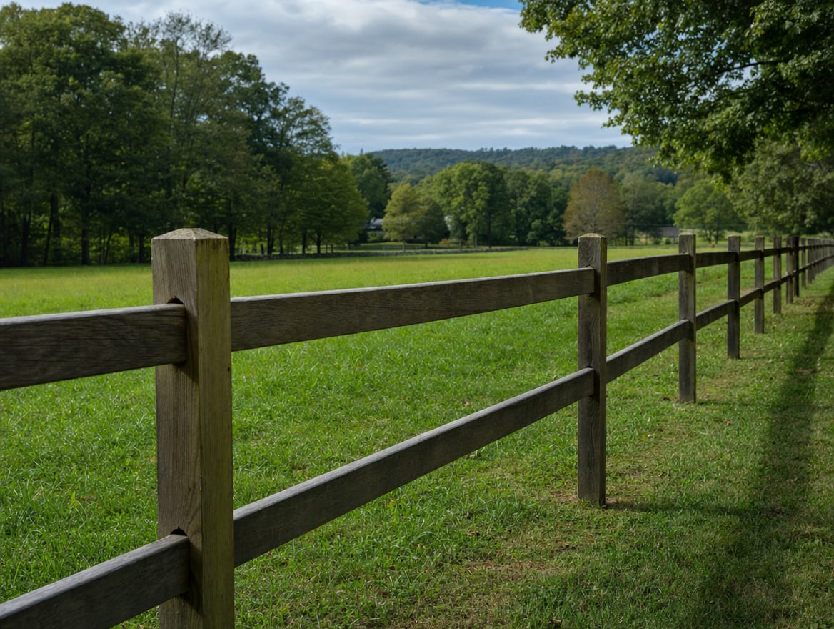 A wood split-rail or post-and-rail fence running along the edge of a field in Roxbury, CT