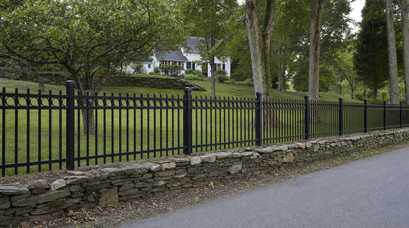 A black aluminum ornamental fence running along a front property line in Roxbury, CT