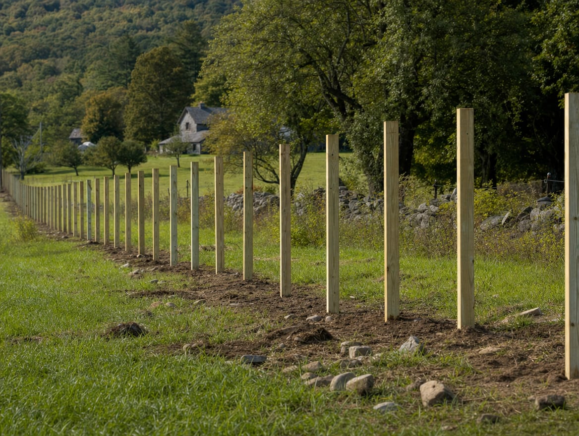 A fence installation in progress with newly set posts in Roxbury, CT
