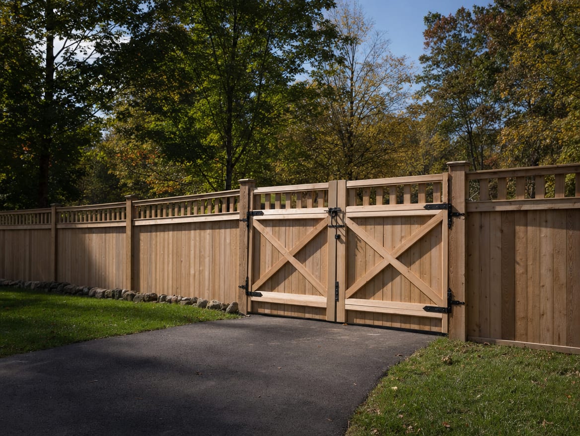 A wood driveway gate set into a fence at the entrance of a country property in Roxbury, CT