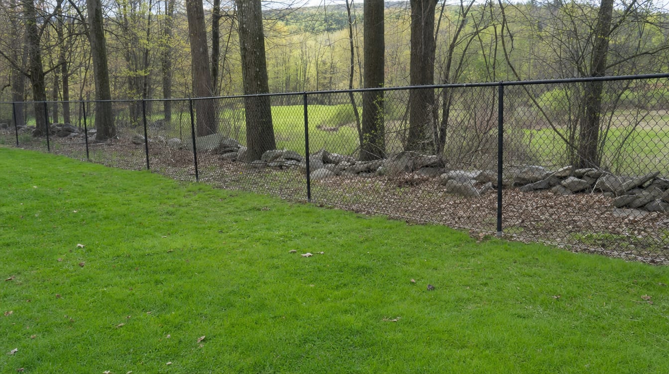 A chain link fence running along a rear property line of a backyard in Roxbury, CT