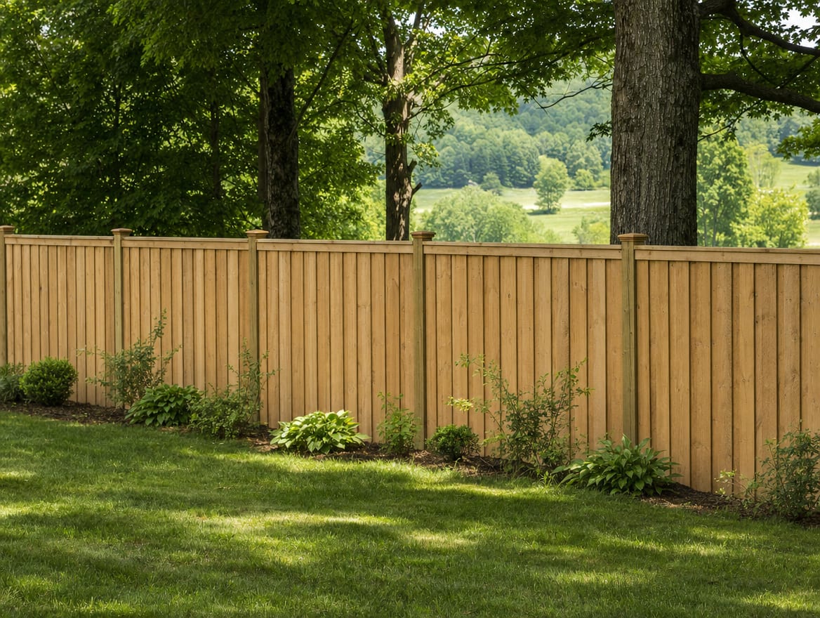 A full six foot tall wood privacy fence running along the back property line of a farmhouse yard in Roxbury, CT