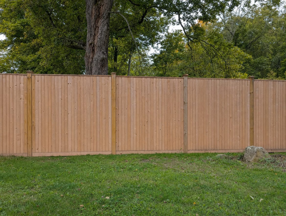 A full six foot tall wood privacy fence running along the back property line of a farmhouse yard in Salisbury, CT