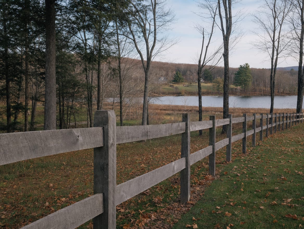 A wood split-rail or post-and-rail fence running along the edge of a field in Salisbury, CT