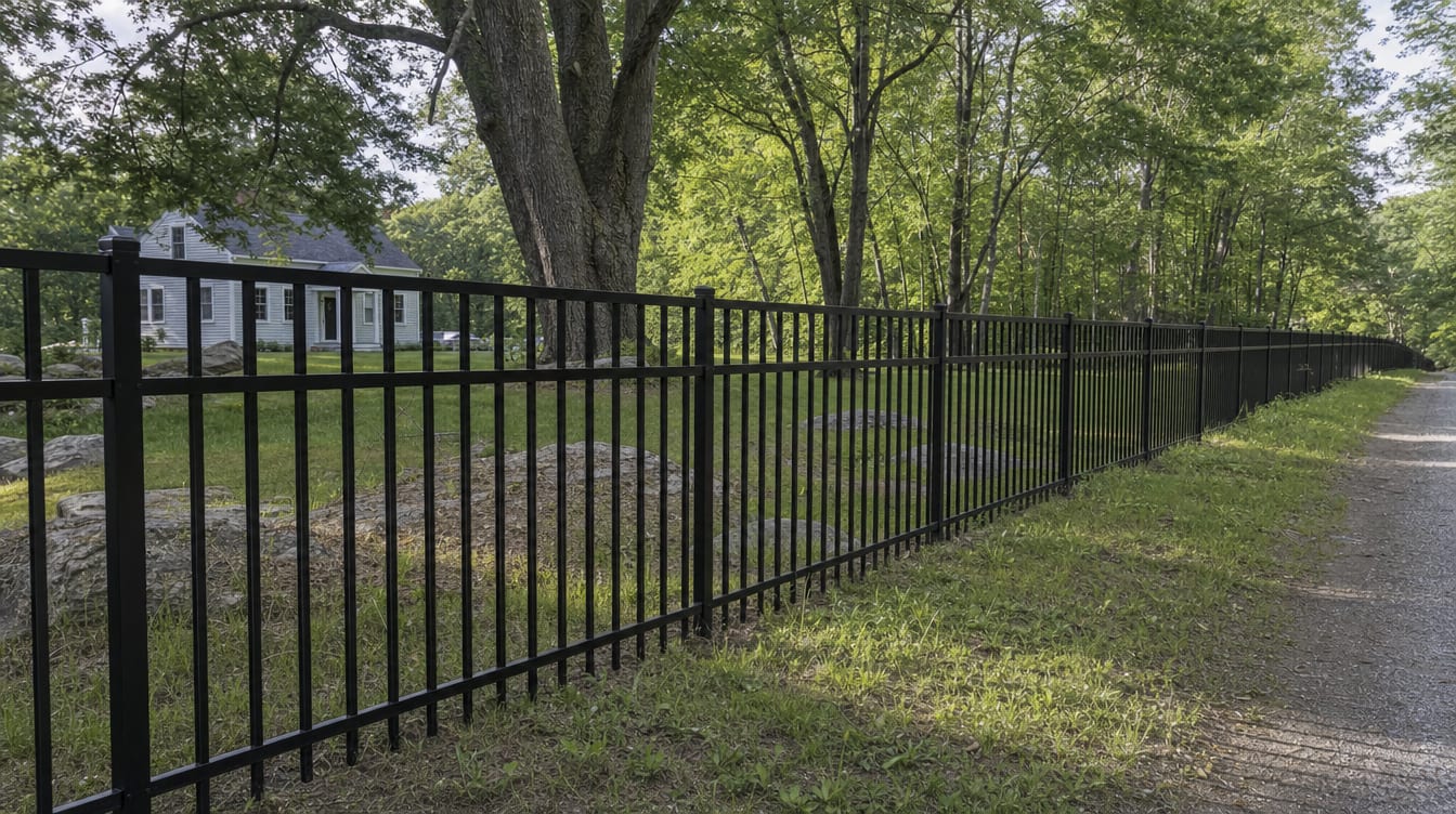 A black aluminum ornamental fence running along a front property line in Salisbury, CT