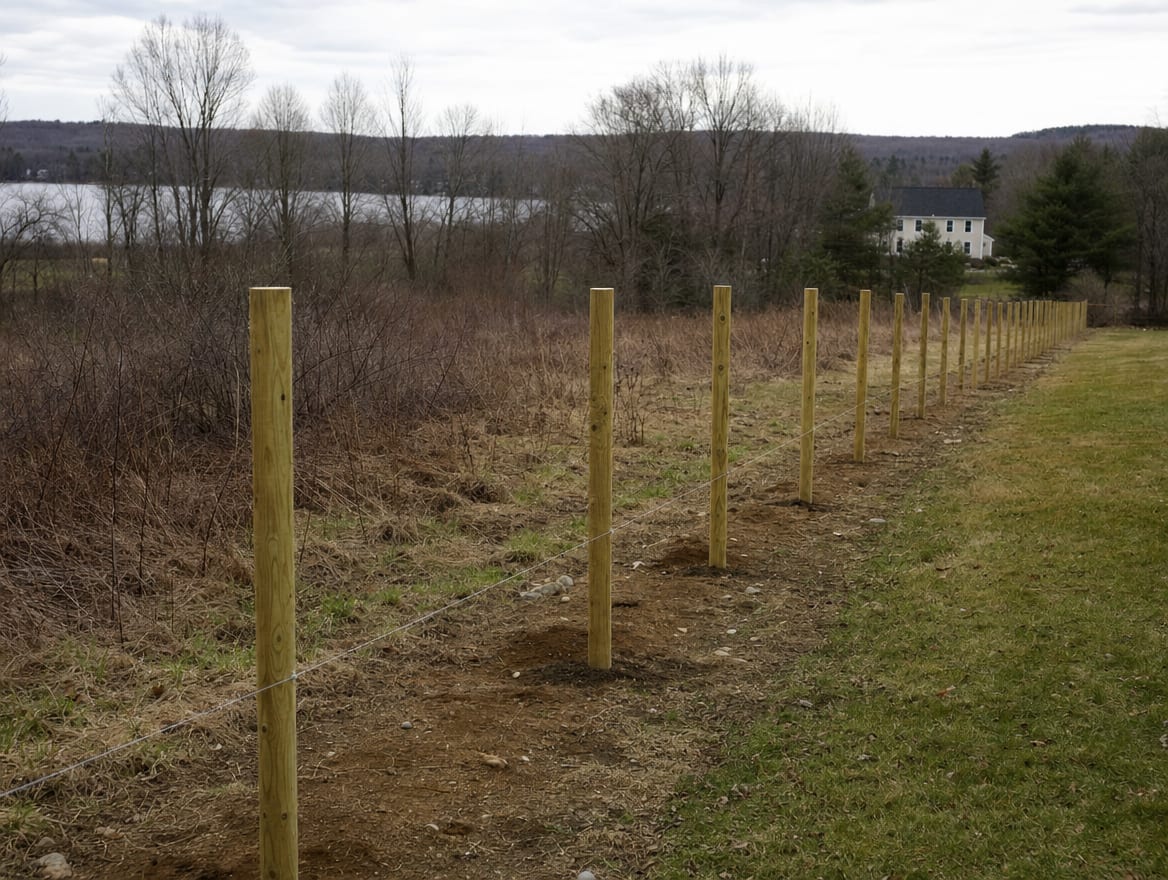 A fence installation in progress with newly set posts in Salisbury, CT