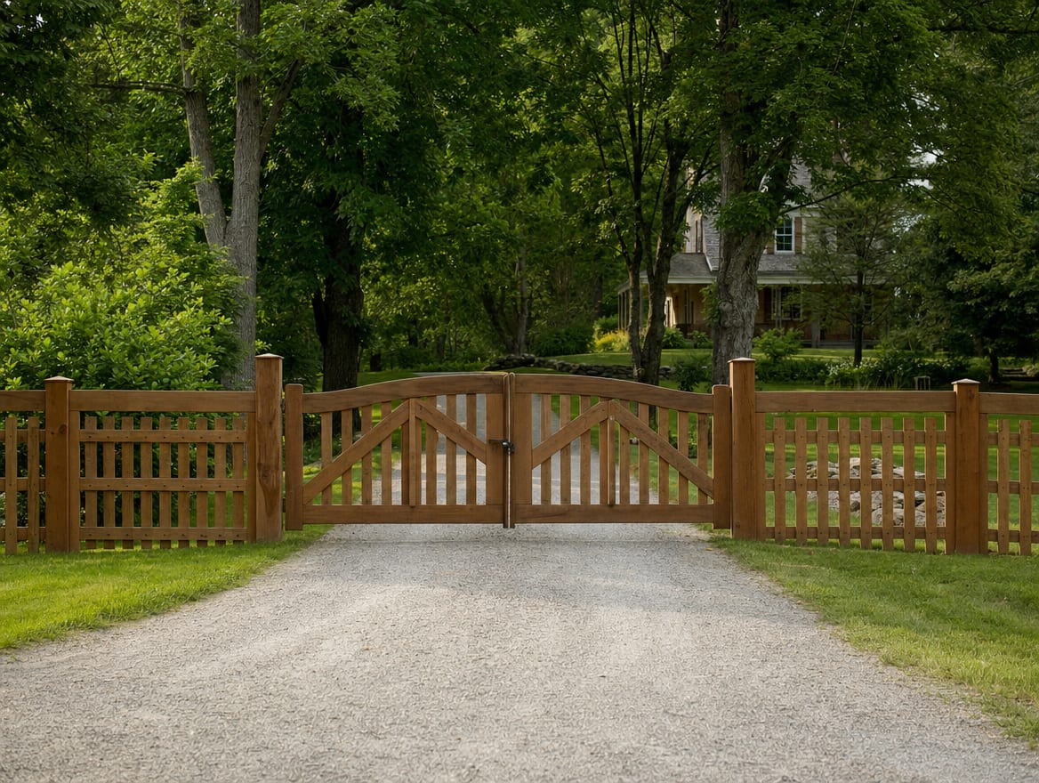 A wood driveway gate set into a fence at the entrance of a country property in Salisbury, CT